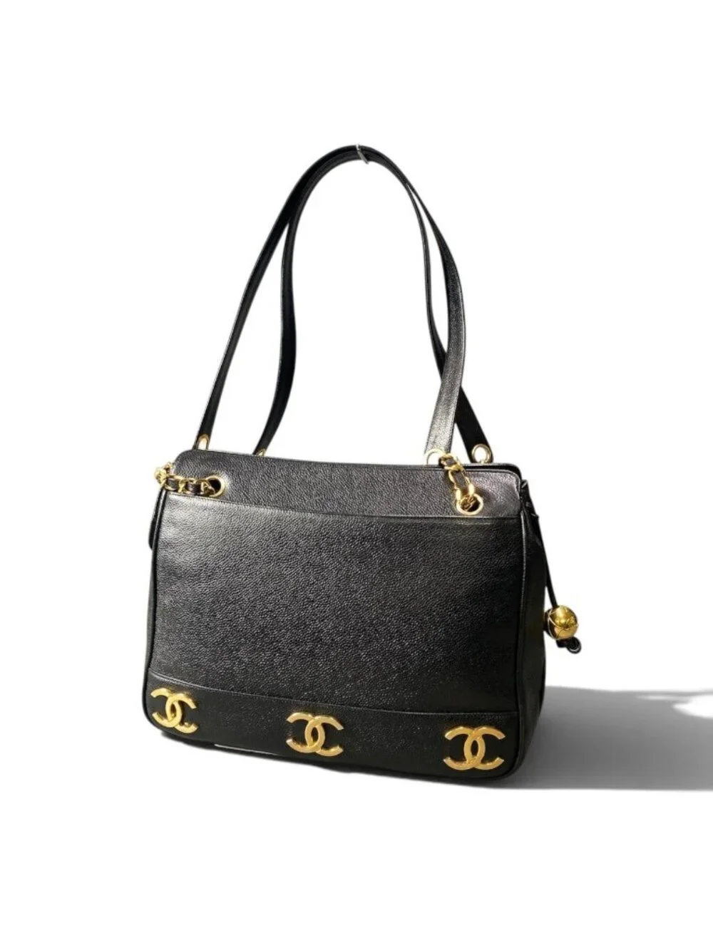 Chanel Triple CC Logo Caviar Leather Shoulder Bag Coco Chain Black